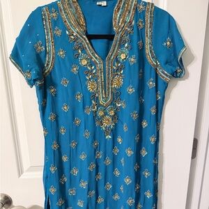 Blue and gold Indian kameez and shalwar